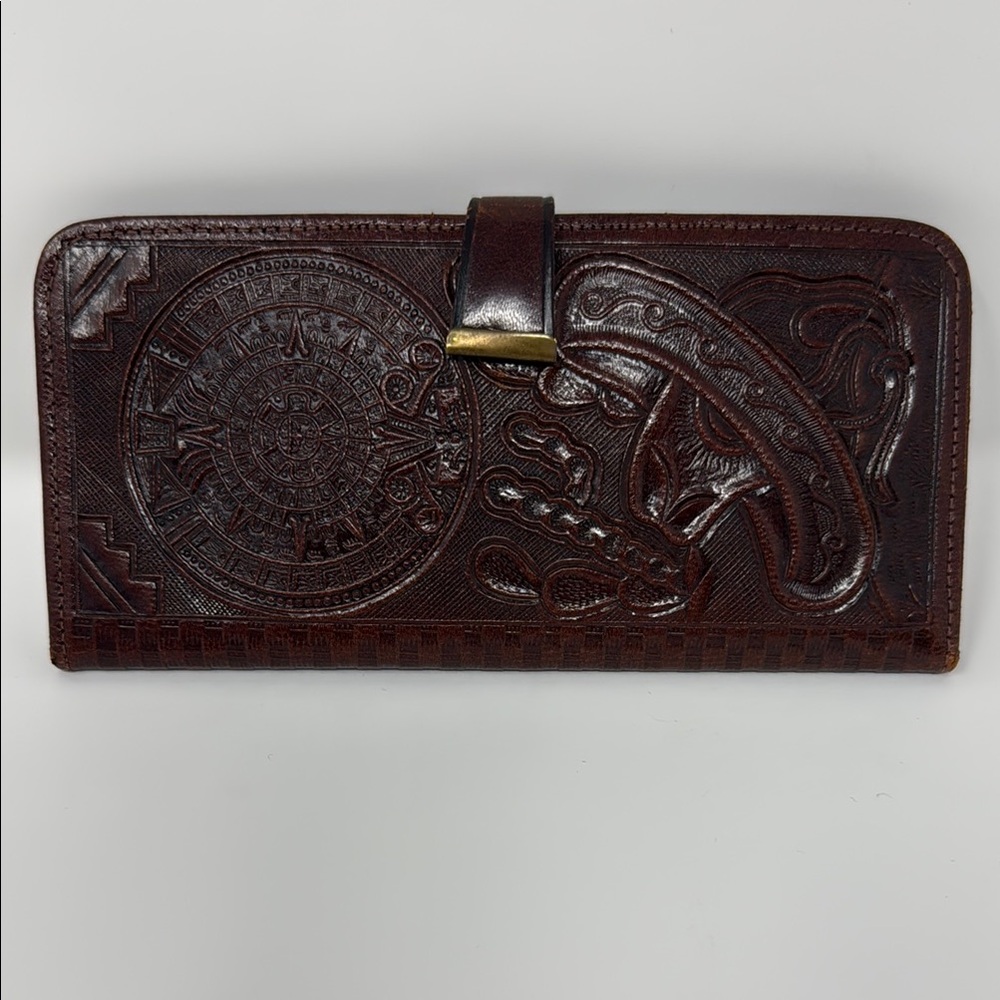 Mexican Hand-tooled Genuine Leather Bifold Dark Brown Wallet Vintage